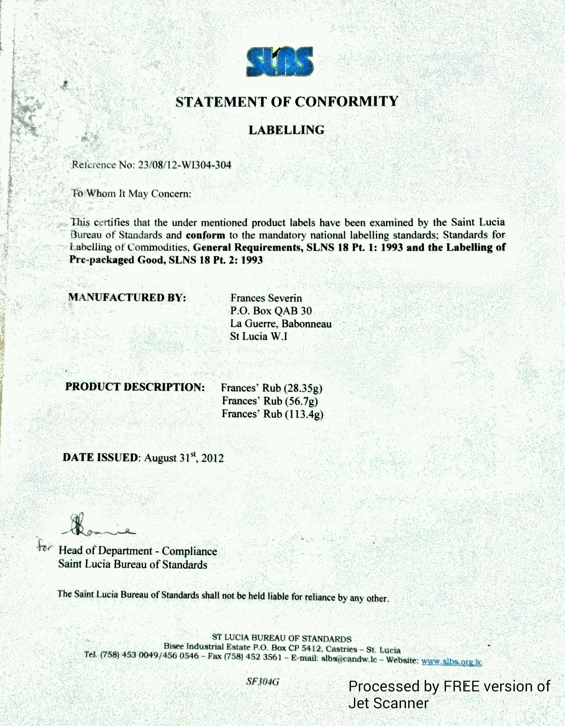 St Lucia Bureau of Standards Certificate